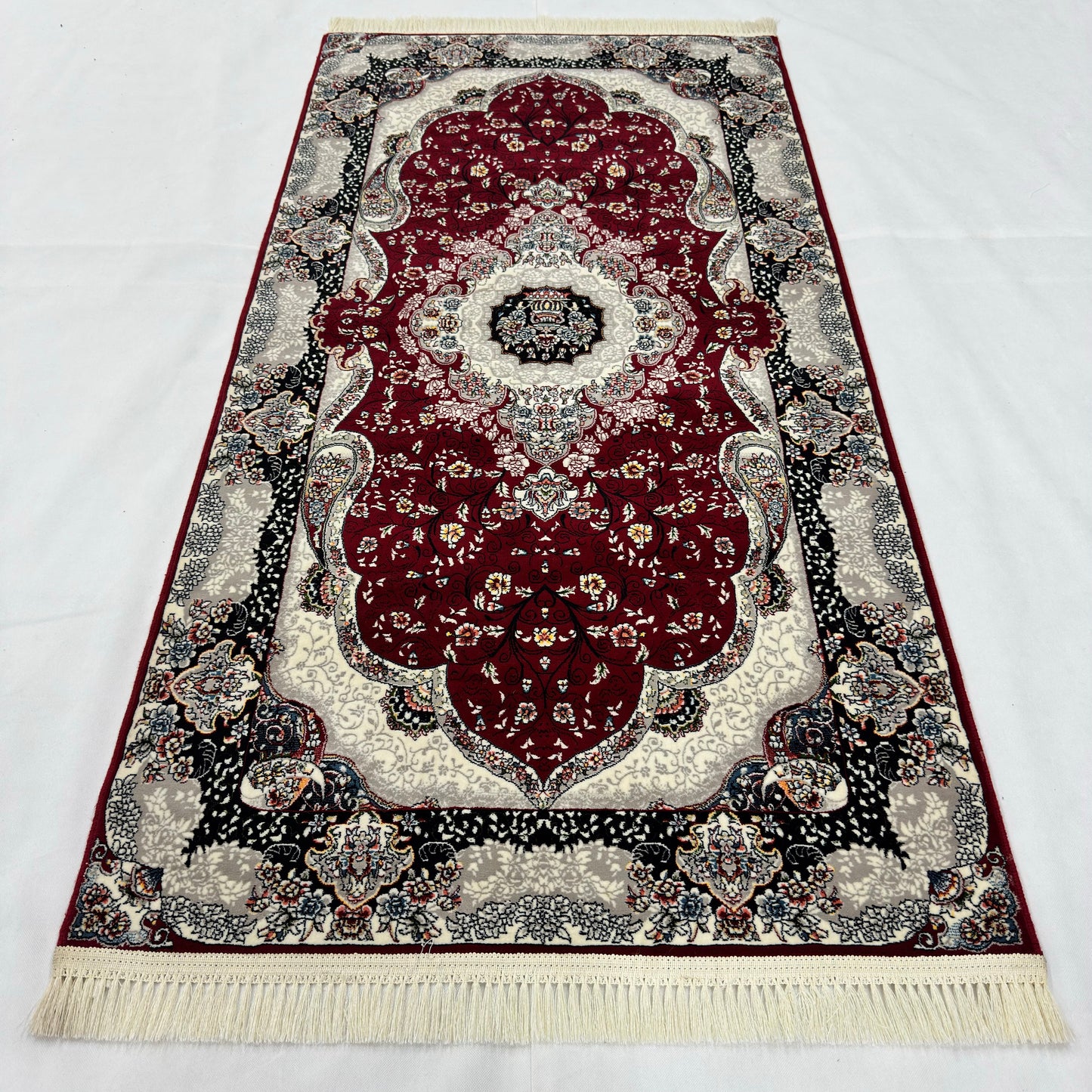 3 ft x 6 ft Burgundy Persian 1200 Reed Acrylic Prayer Rug, Iranian Medallion Carpet