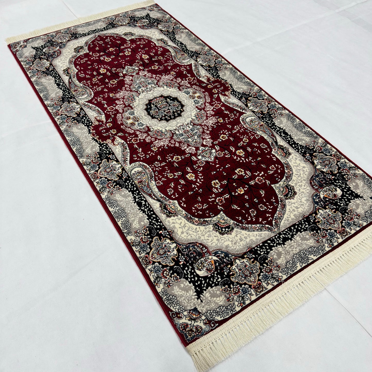 3 ft x 6 ft Burgundy Persian 1200 Reed Acrylic Prayer Rug, Iranian Medallion Carpet