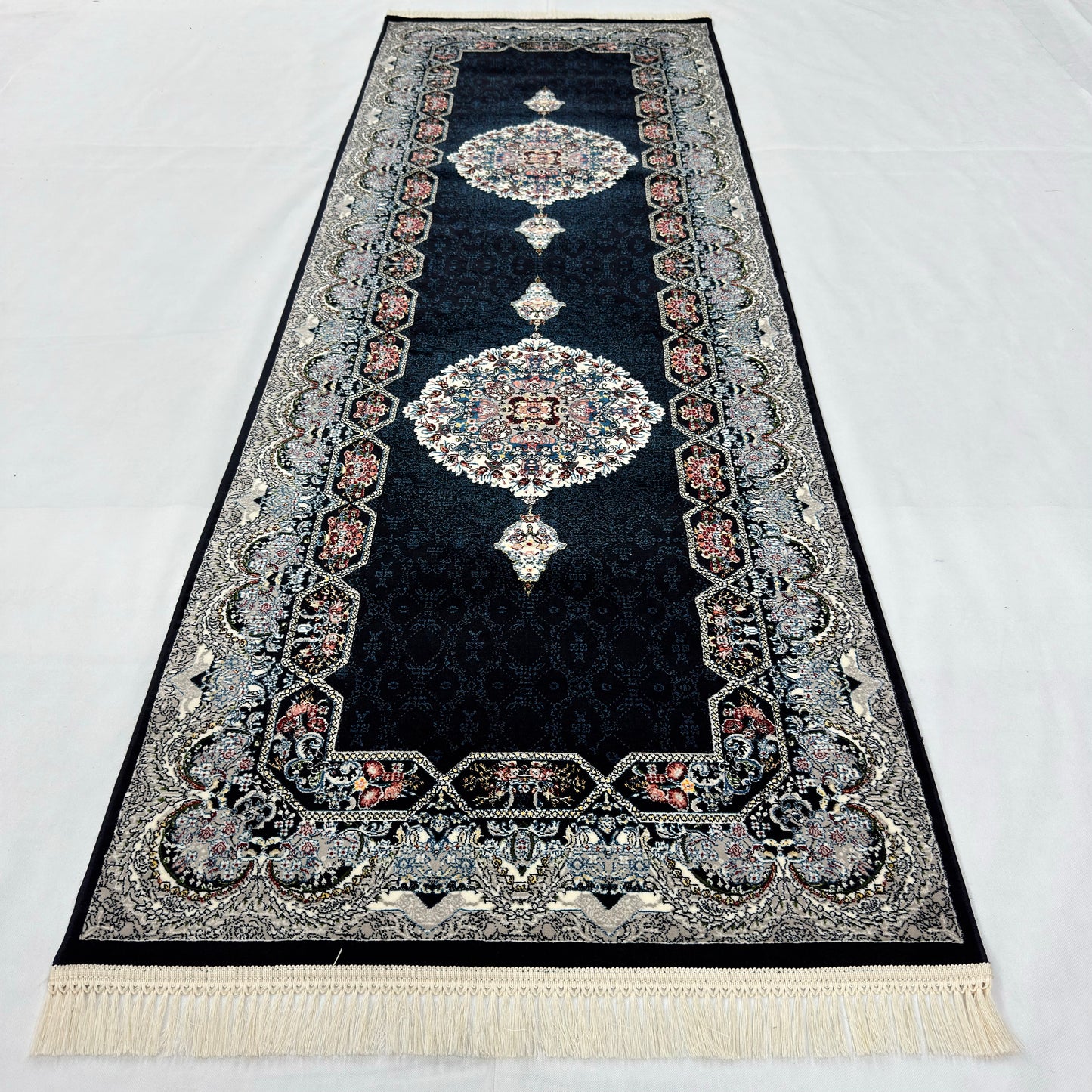 3 ft x 10 ft Persian Navy Acrylic Runner Rug | 1000 Reed Dual Medallion Carpet, Iran