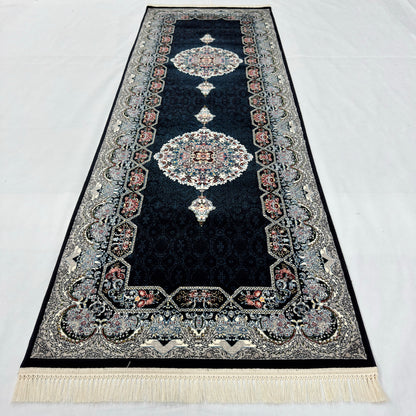 3 ft x 10 ft Persian Navy Acrylic Runner Rug | 1000 Reed Dual Medallion Carpet, Iran