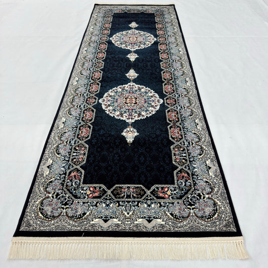 3 ft x 10 ft Persian Navy Acrylic Runner Rug | 1000 Reed Dual Medallion Carpet, Iran