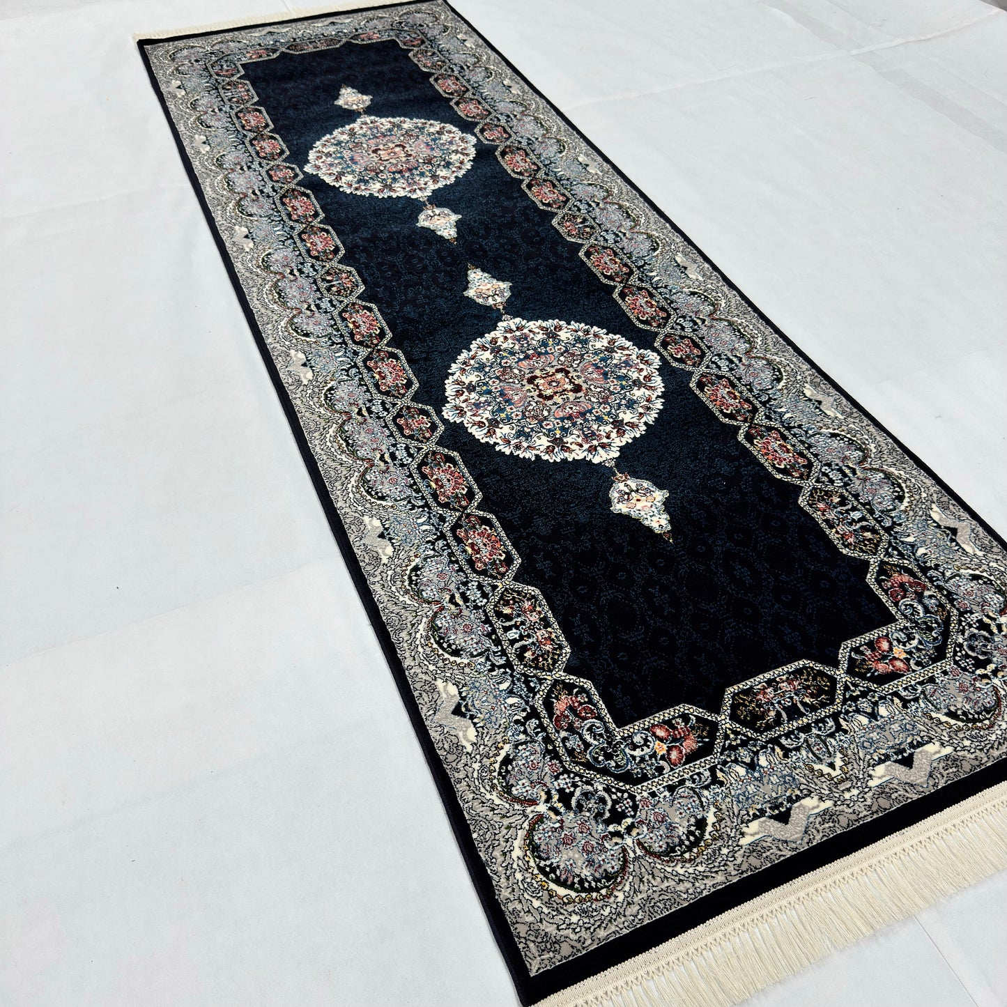 3 ft x 10 ft Persian Navy Acrylic Runner Rug | 1000 Reed Dual Medallion Carpet, Iran