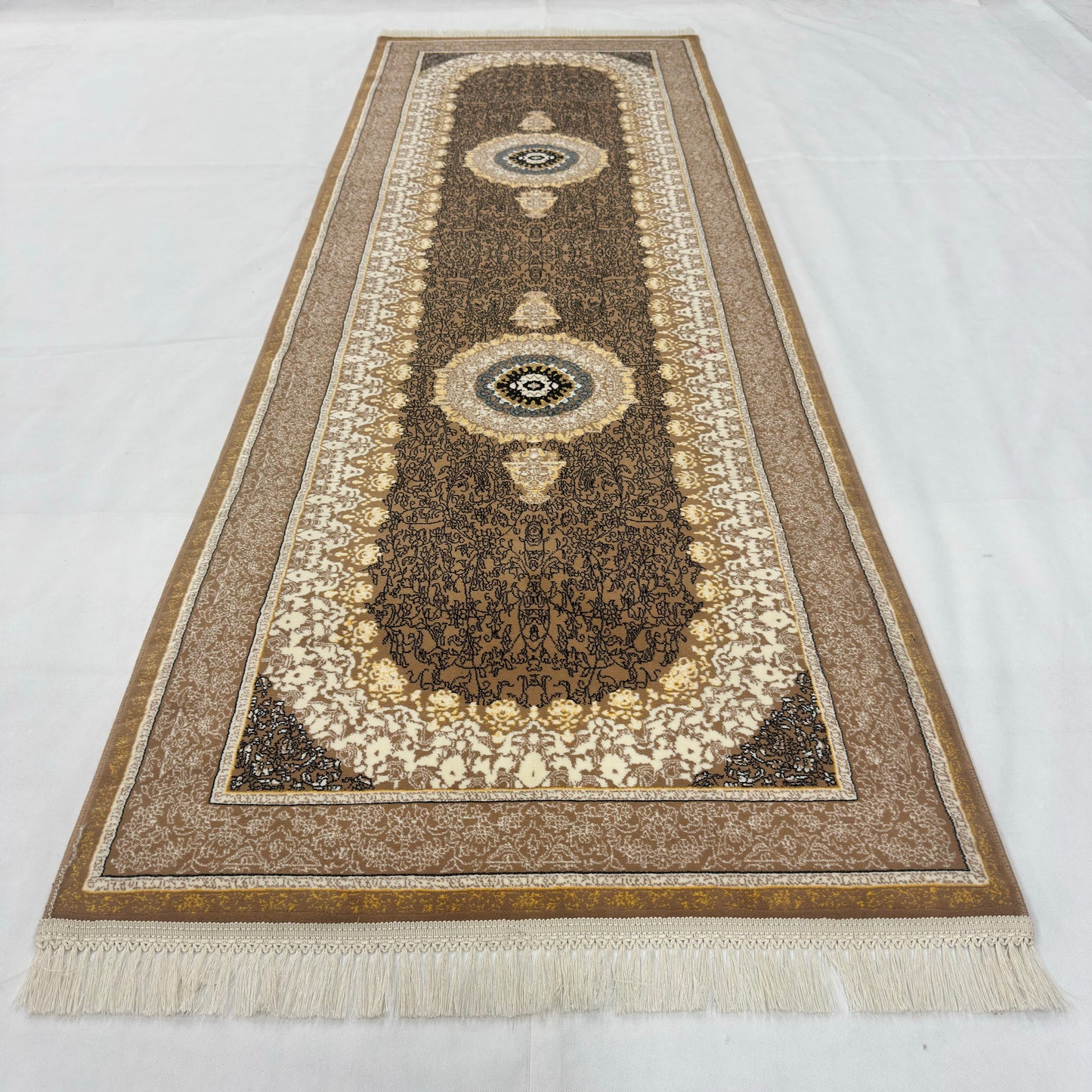 3 ft x 10 ft Persian Brown Acrylic Runner Rug | 1000 Reed Dual Medallion Carpet Iran