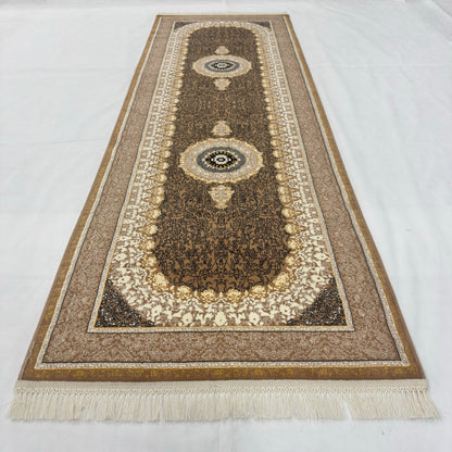 3 ft x 10 ft Persian Brown Acrylic Runner Rug | 1000 Reed Dual Medallion Carpet Iran