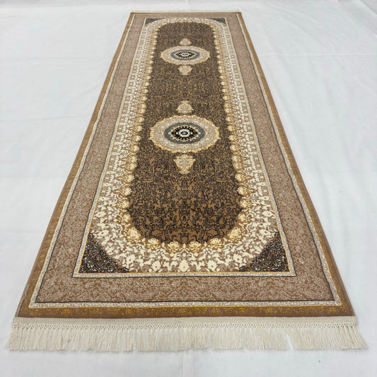3 ft x 10 ft Persian Brown Acrylic Runner Rug | 1000 Reed Dual Medallion Carpet Iran