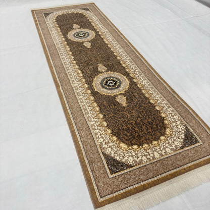 3 ft x 10 ft Persian Brown Acrylic Runner Rug | 1000 Reed Dual Medallion Carpet Iran