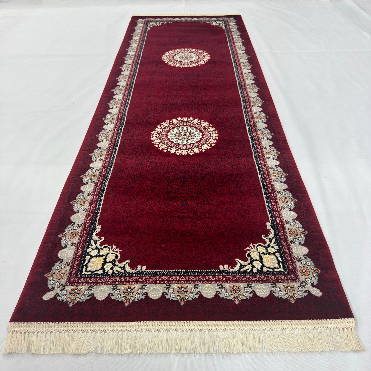 3 ft x 10 ft Persian Crimson Acrylic Runner Rug | 1000 Reed Floral Medallion, Iran