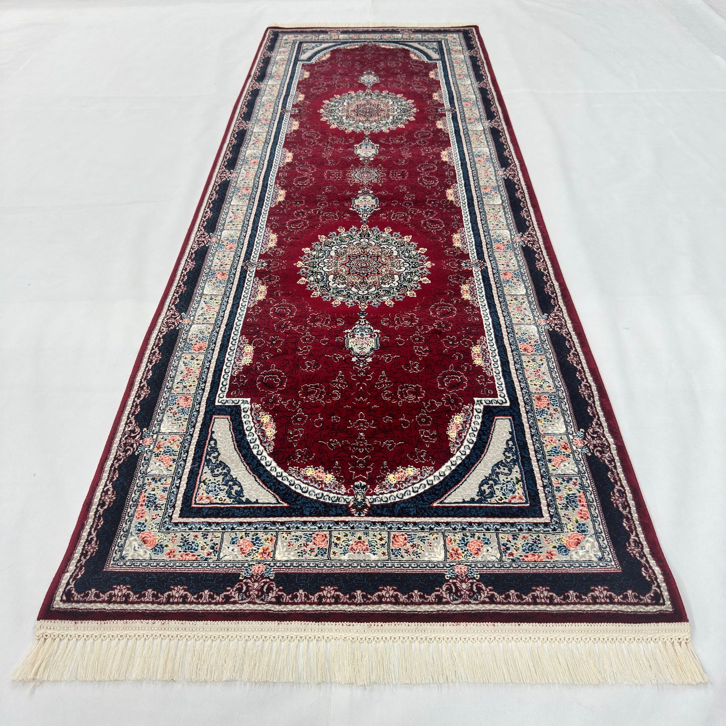 3 ft x 10 ft Persian Crimson Runner Rug | 1000 Reed Triple Medallion Carpet, Iran