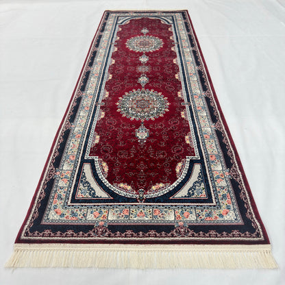 3 ft x 10 ft Persian Crimson Runner Rug | 1000 Reed Triple Medallion Carpet, Iran