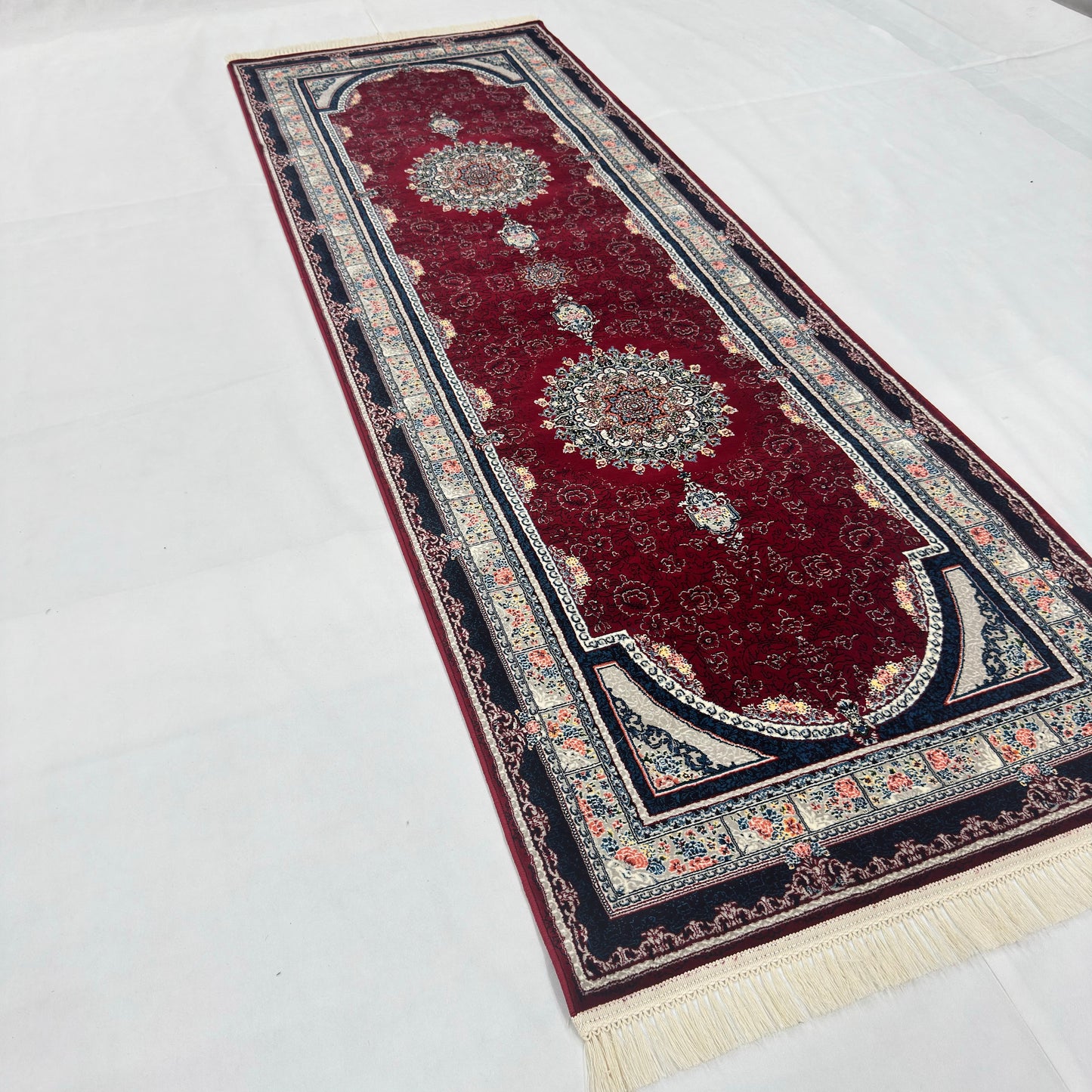 3 ft x 10 ft Persian Crimson Runner Rug | 1000 Reed Triple Medallion Carpet, Iran