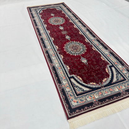 3 ft x 10 ft Persian Crimson Runner Rug | 1000 Reed Triple Medallion Carpet, Iran