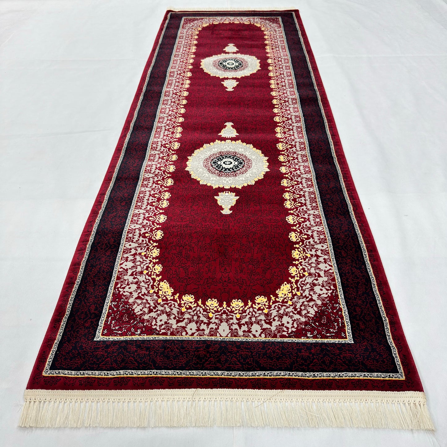 3 ft x 10 ft Persian Crimson Acrylic Runner Rug | 1000 Reed Medallion Carpet, Iran