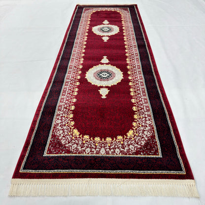 3 ft x 10 ft Persian Crimson Acrylic Runner Rug | 1000 Reed Medallion Carpet, Iran