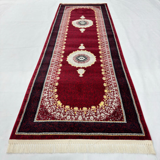 3 ft x 10 ft Persian Crimson Acrylic Runner Rug | 1000 Reed Medallion Carpet, Iran
