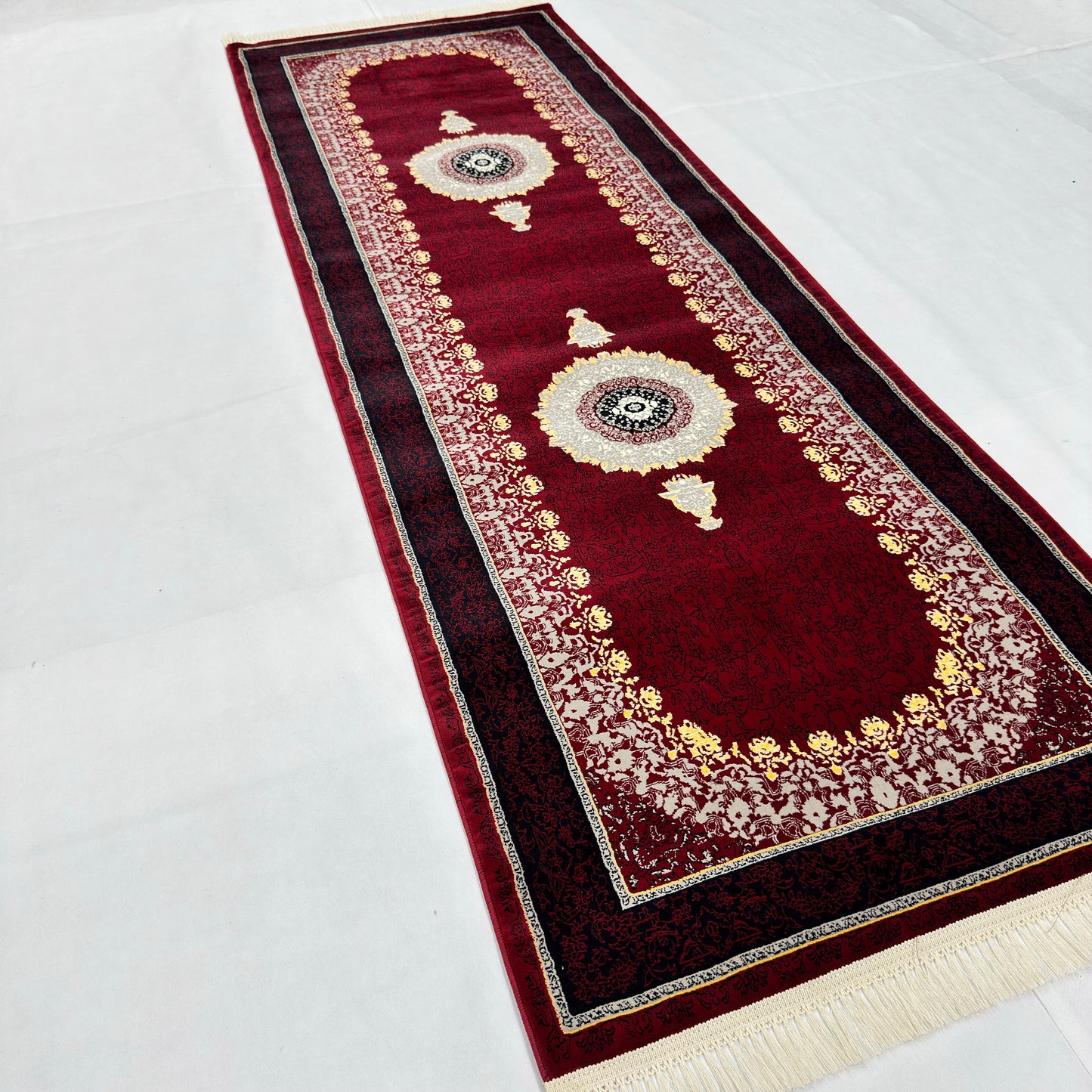 3 ft x 10 ft Persian Crimson Acrylic Runner Rug | 1000 Reed Medallion Carpet, Iran