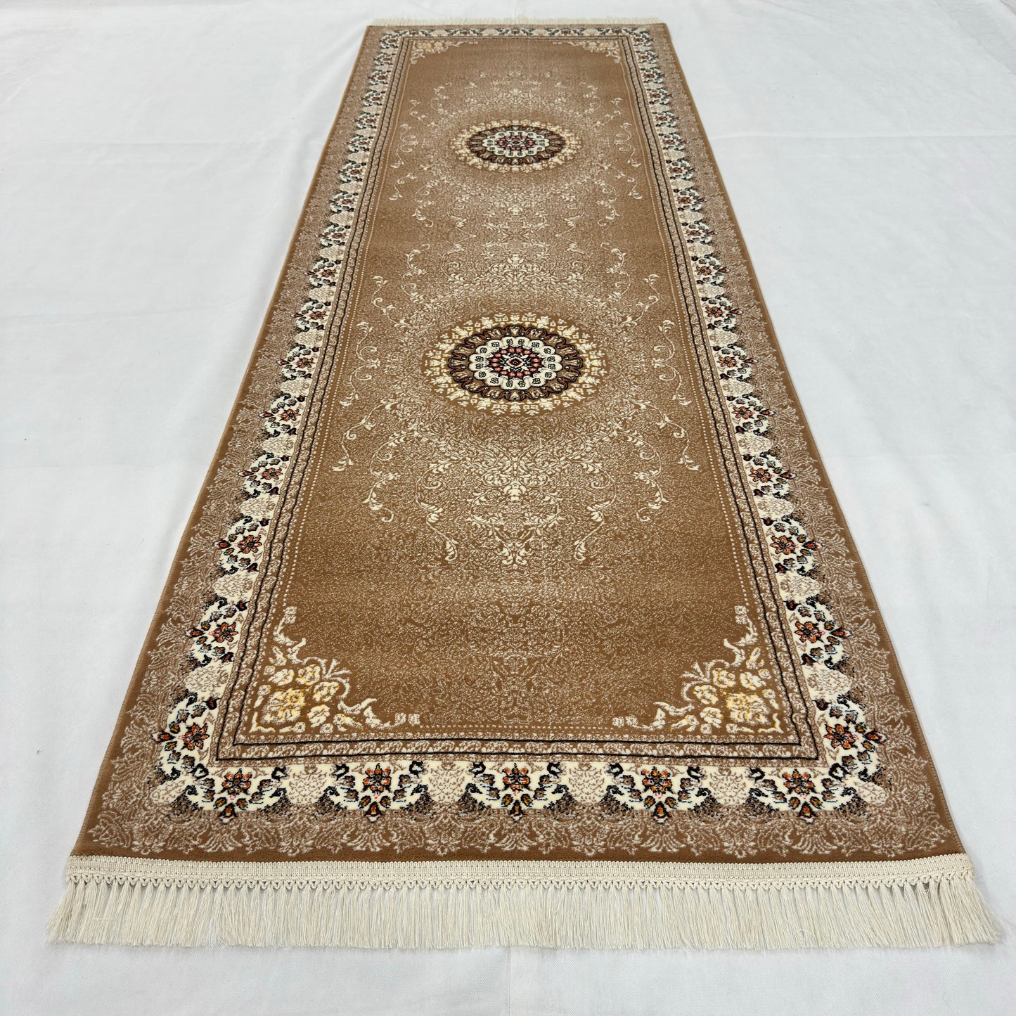 3 ft x 10 ft Persian Golden Acrylic Runner Rug | 1000 Reed Floral Medallion, Iran