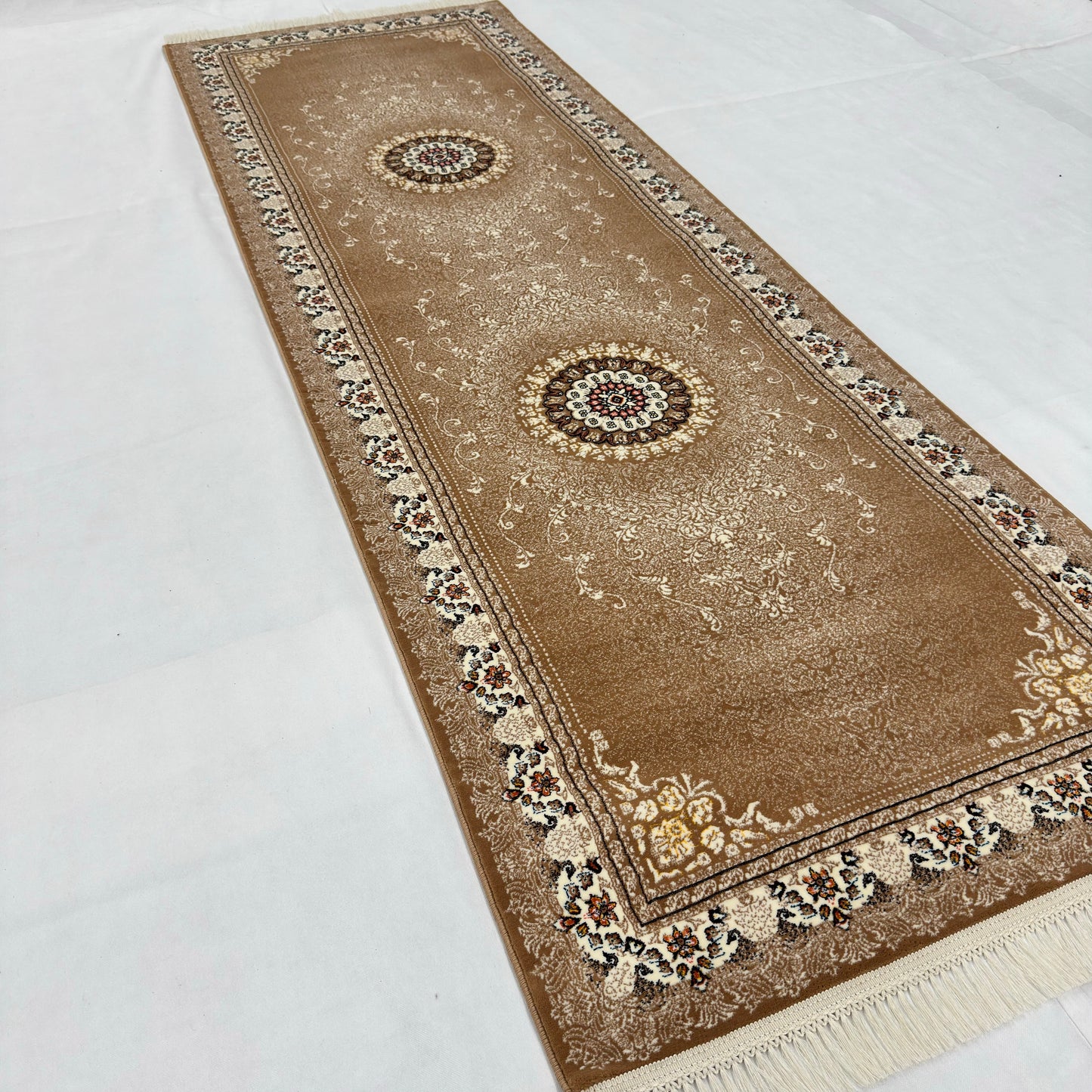 3 ft x 10 ft Persian Golden Acrylic Runner Rug | 1000 Reed Floral Medallion, Iran