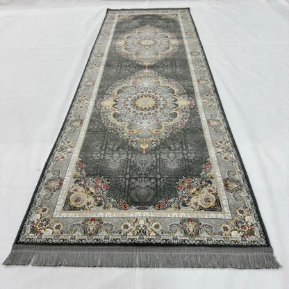3 ft x 10 ft Persian Grey Acrylic Runner Rug | 1000 Reed Dual Medallion Carpet, Iran
