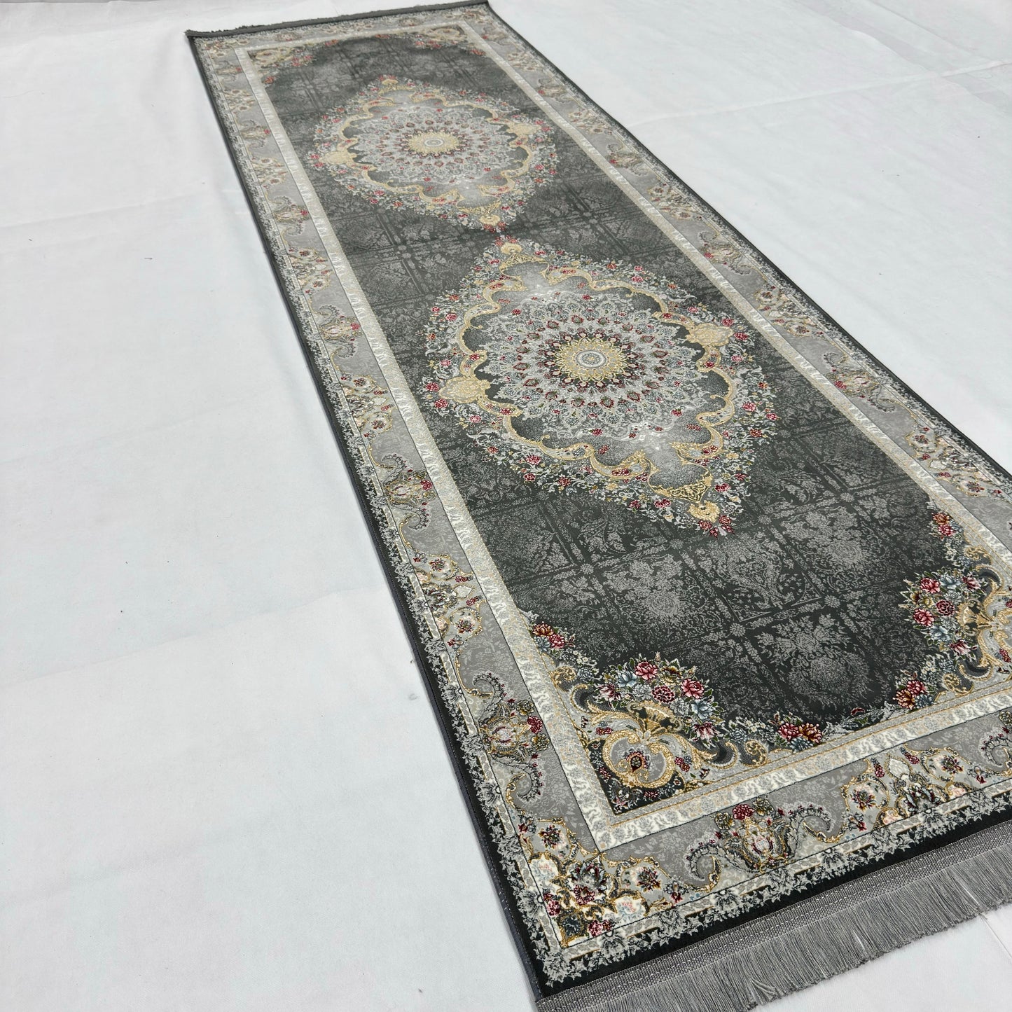 3 ft x 10 ft Persian Grey Acrylic Runner Rug | 1000 Reed Dual Medallion Carpet, Iran