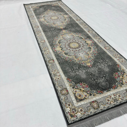 3 ft x 10 ft Persian Grey Acrylic Runner Rug | 1000 Reed Dual Medallion Carpet, Iran