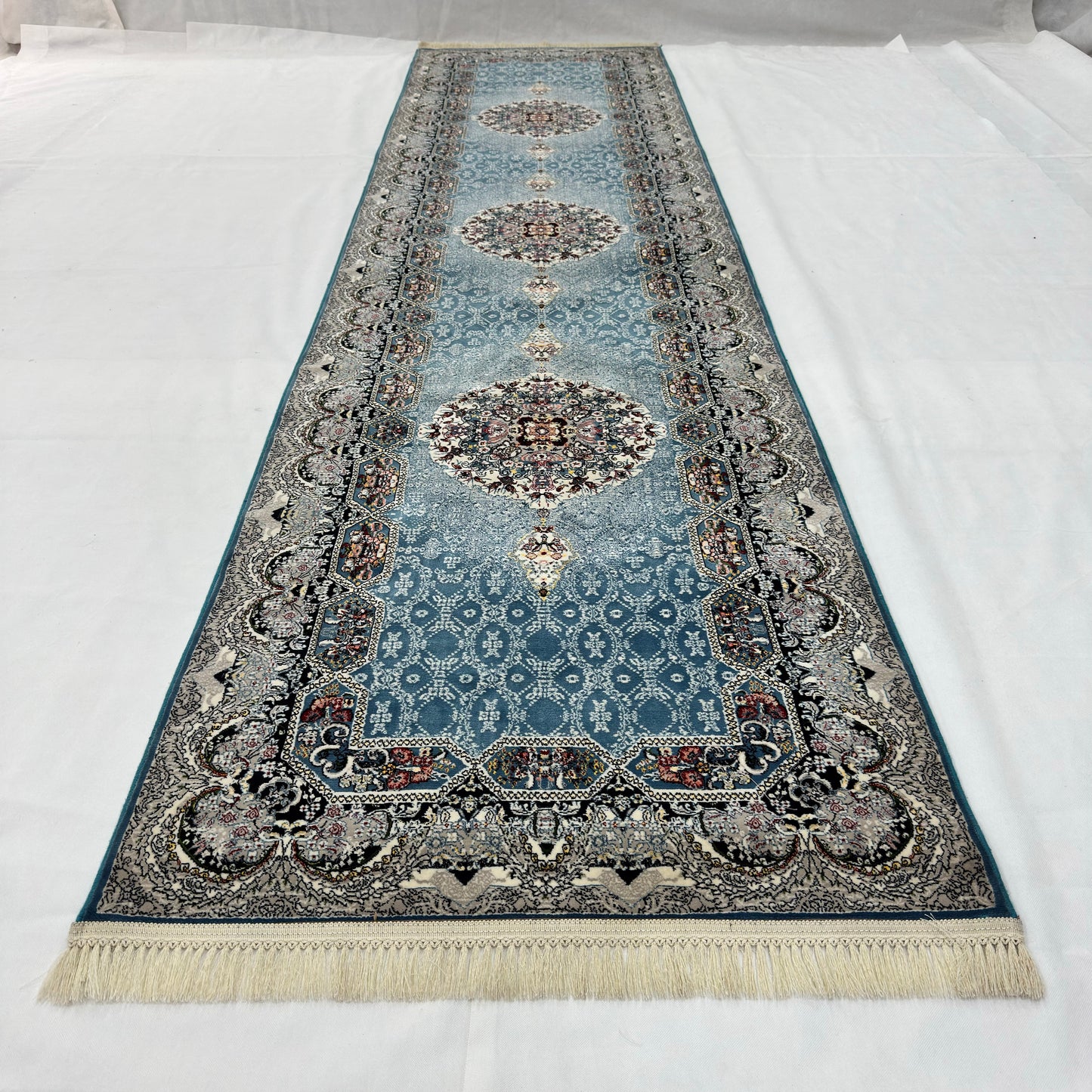 3 ft x 13 ft Persian Steel Blue Acrylic Runner | 1000 Reed Triple Medallion, Iran