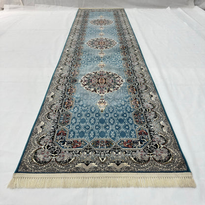 3 ft x 13 ft Persian Steel Blue Acrylic Runner | 1000 Reed Triple Medallion, Iran