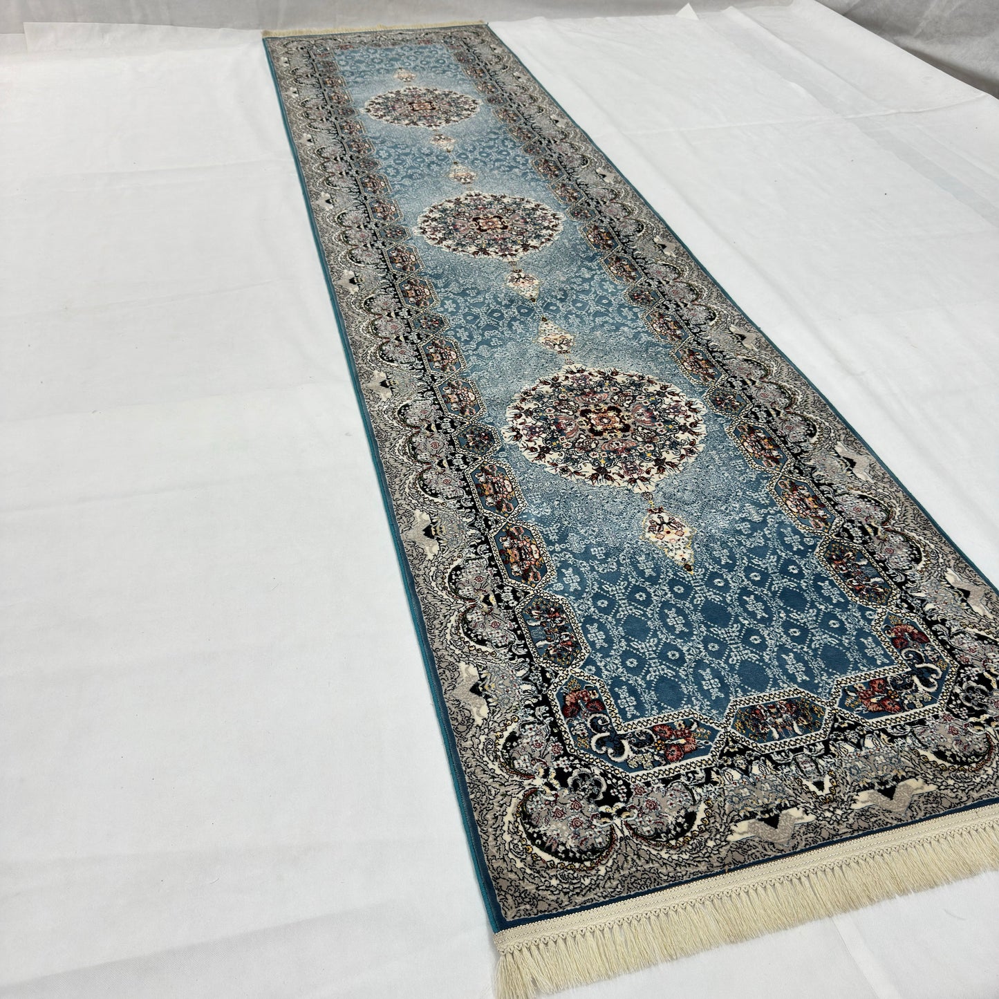 3 ft x 13 ft Persian Steel Blue Acrylic Runner | 1000 Reed Triple Medallion, Iran