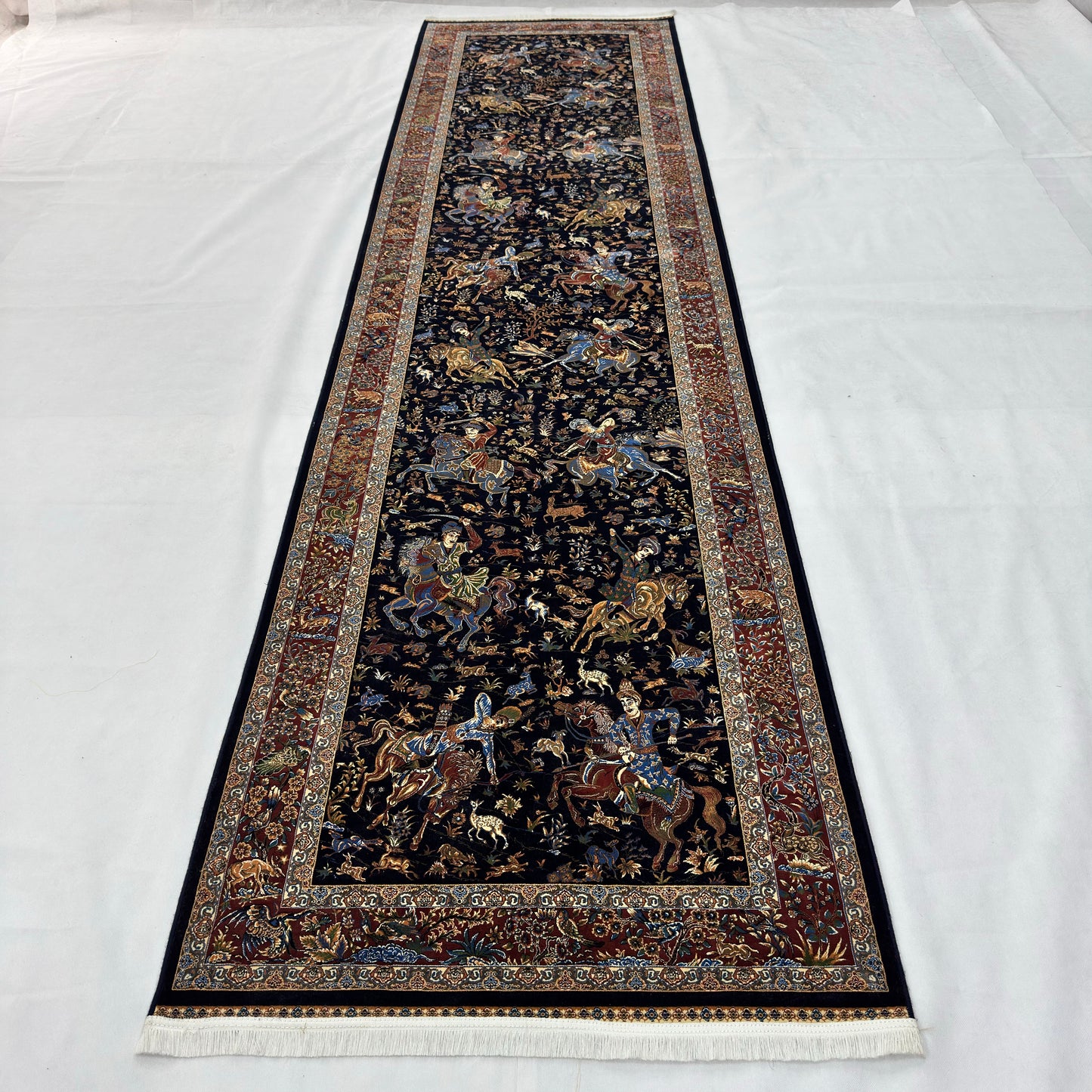 Persian Silk Abresham Runner Rug | Hunting Scene | 3 ft x 13 ft | 1600 Reed | Iran