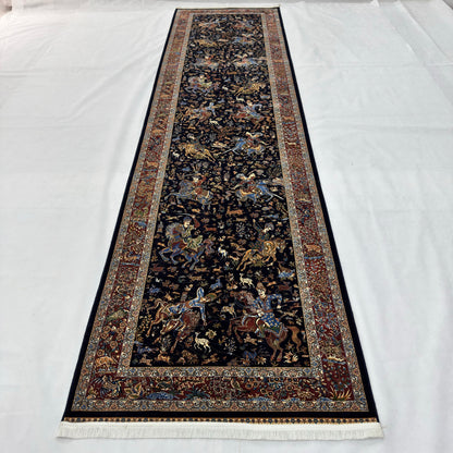Persian Silk Abresham Runner Rug | Hunting Scene | 3 ft x 13 ft | 1600 Reed | Iran