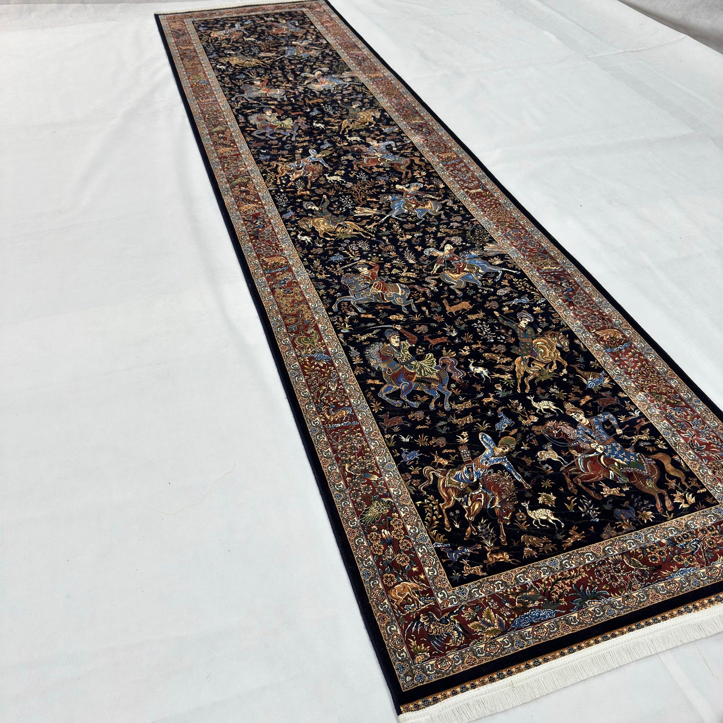 Persian Silk Abresham Runner Rug | Hunting Scene | 3 ft x 13 ft | 1600 Reed | Iran