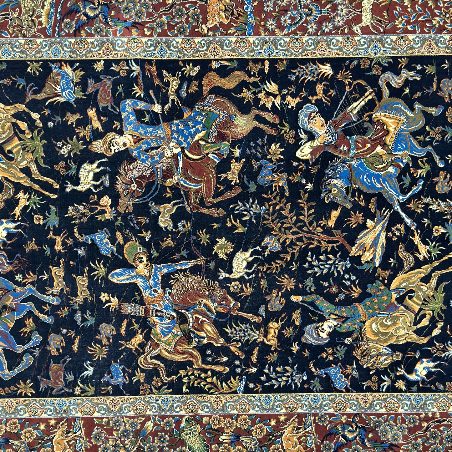 Persian Silk Abresham Runner Rug | Hunting Scene | 3 ft x 13 ft | 1600 Reed | Iran