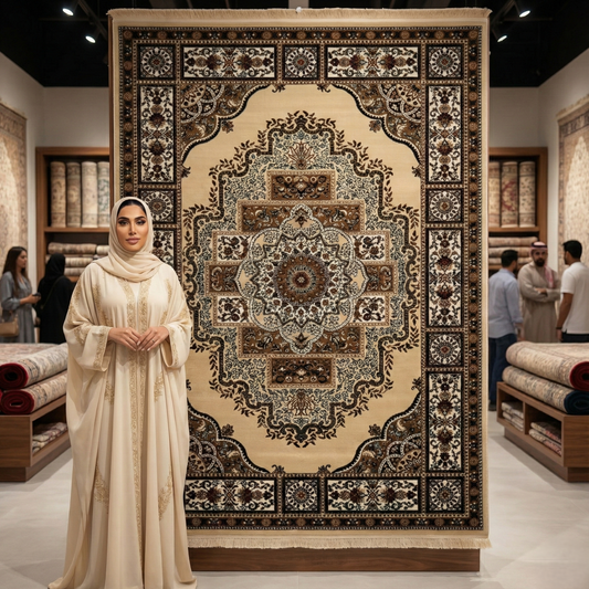 Luxurious Turkish Garnet Area Rug - 7 ft x 10 ft, Exquisite Beige Medallion Design