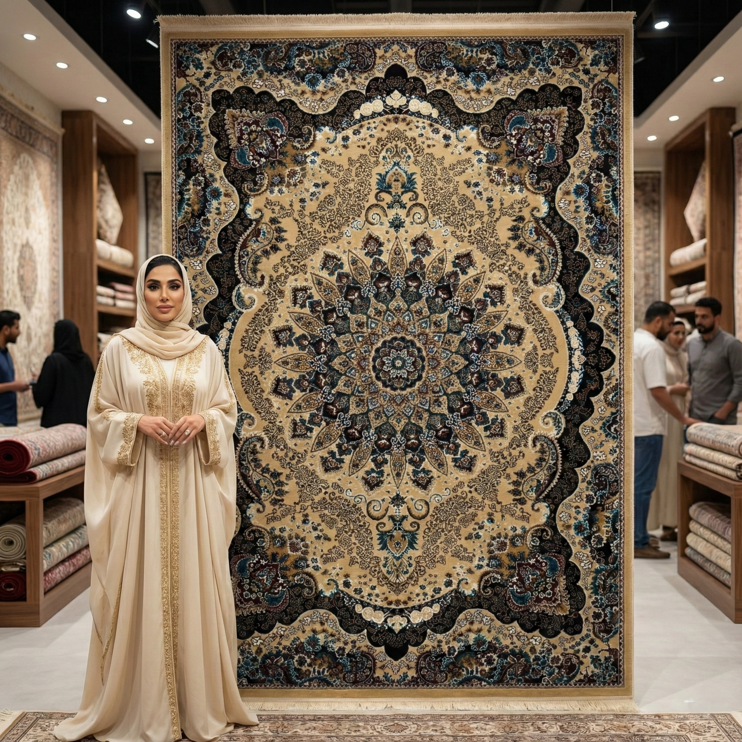 Luxurious Turkish Persia Rug - 7 ft x 10 ft, Elegant Beige and Blue Floral Design